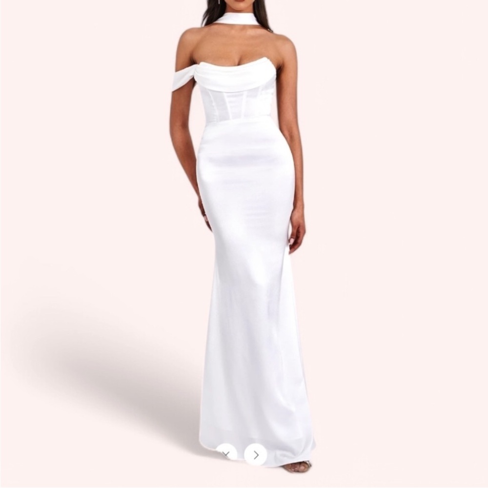 White Corset Halter Neck Satin Gown